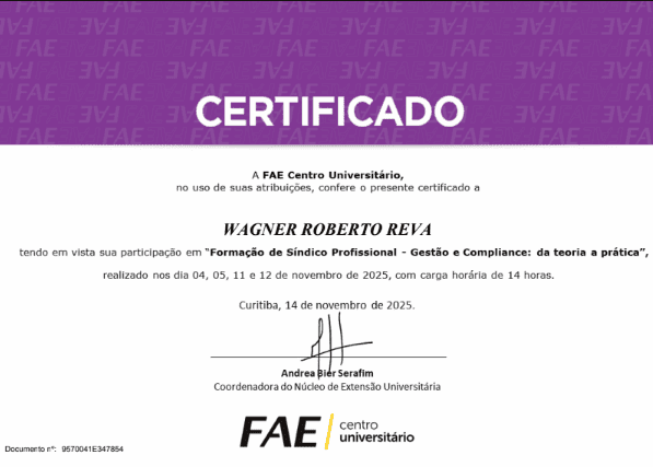 Certificado FAE Síndico Profissional — Wagner Reva