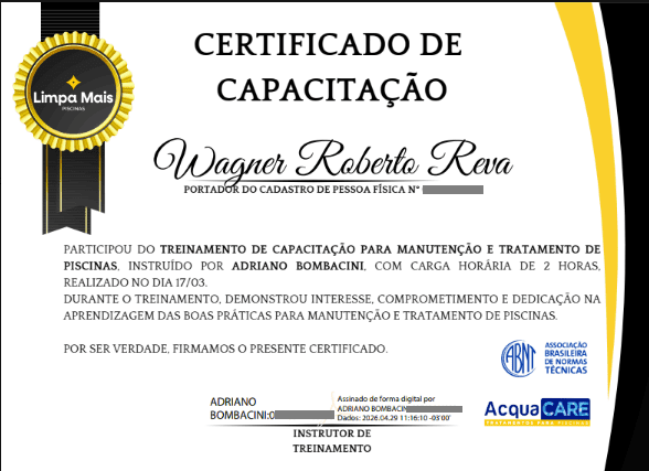 Certificado Manutenção de Piscinas — Wagner Reva